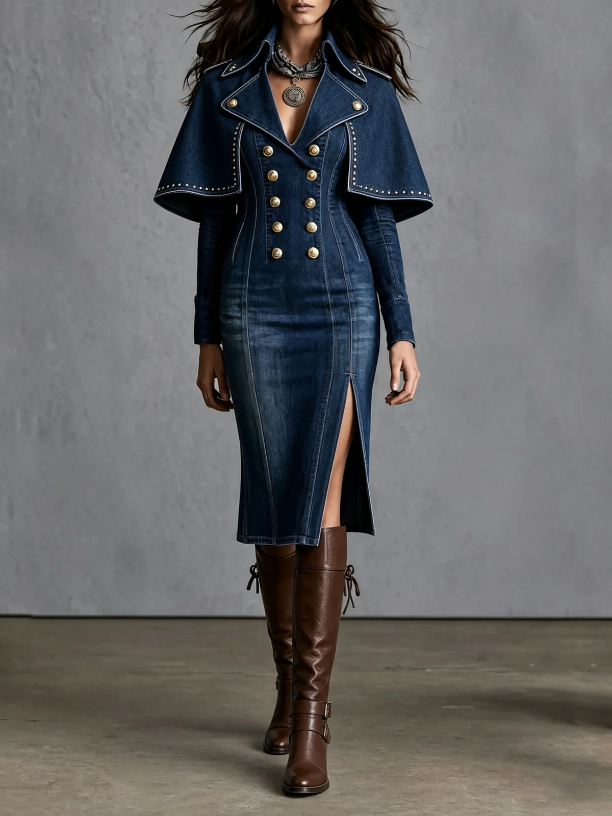Blue Denim Cape Sleeve Midi Dress