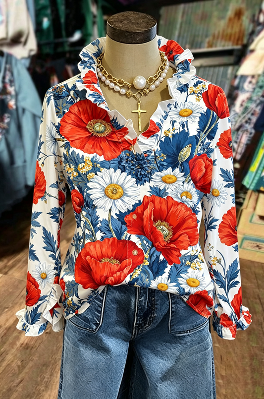 Cream Red Floral Ruffle Blouse