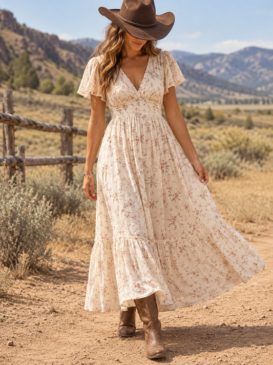 Cream Floral Print Ruffle Sleeve Tiered Maxi Dress