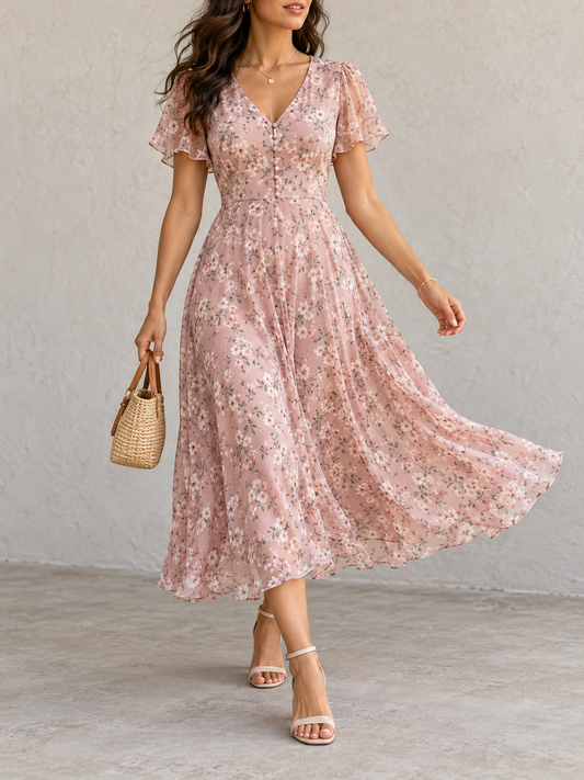 Pink Floral Print Ruffle Sleeve Midi Dress