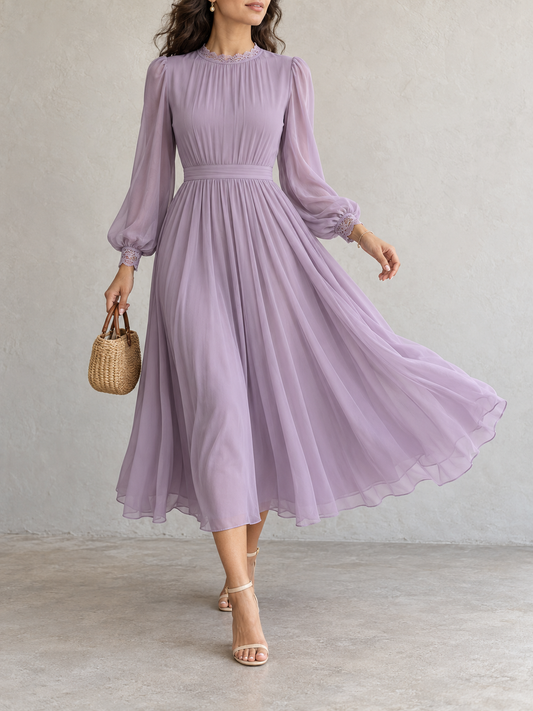 Lilac Chiffon Lace Trim Long Sleeve Midi Dress
