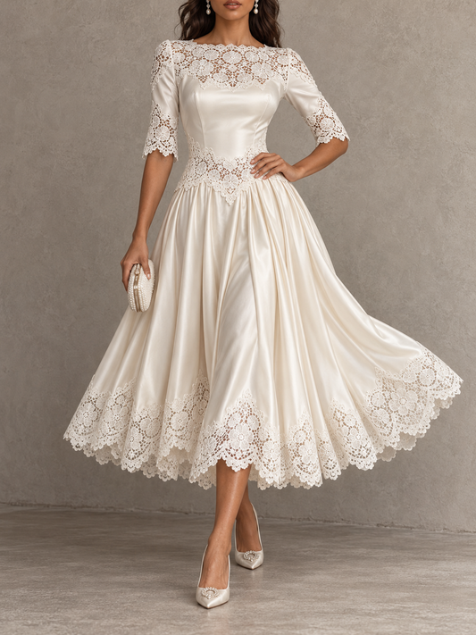 Ivory Satin Lace Trim Midi Dress