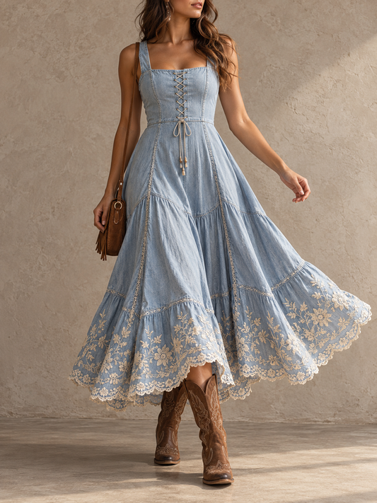 Blue Denim Lace Up Tiered Midi Dress