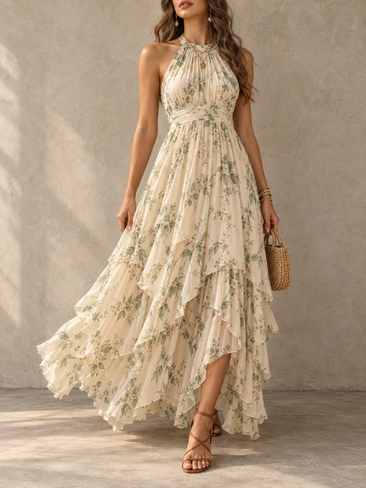 Cream Floral Print Halter Ruffle Tiered Maxi Dress