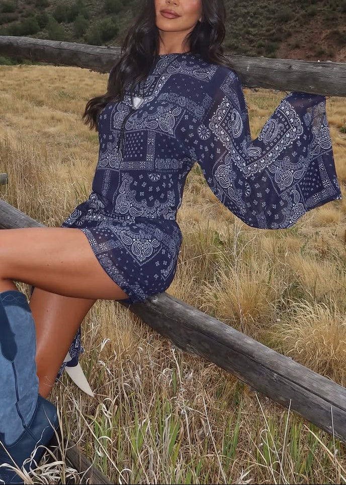 Navy Paisley Bell Sleeve Mini Dress