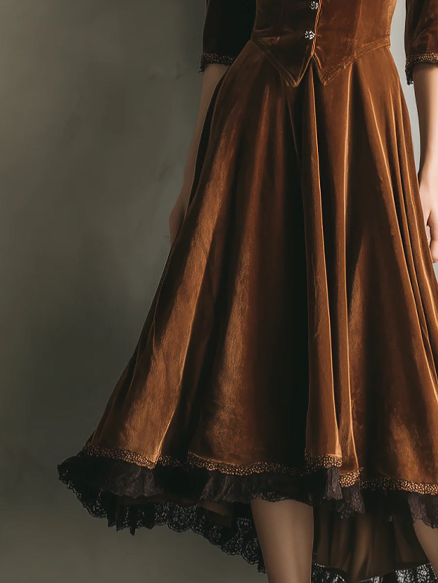 Vintage Western Style Velvet Lace Waist-Cinching Flare Midi Dress | Retro Elegant Slimming Dress