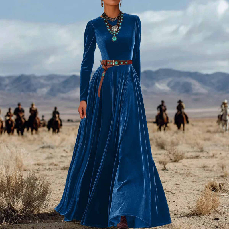 American Western Style Velvet Waist-Cinching Flare Maxi Dress