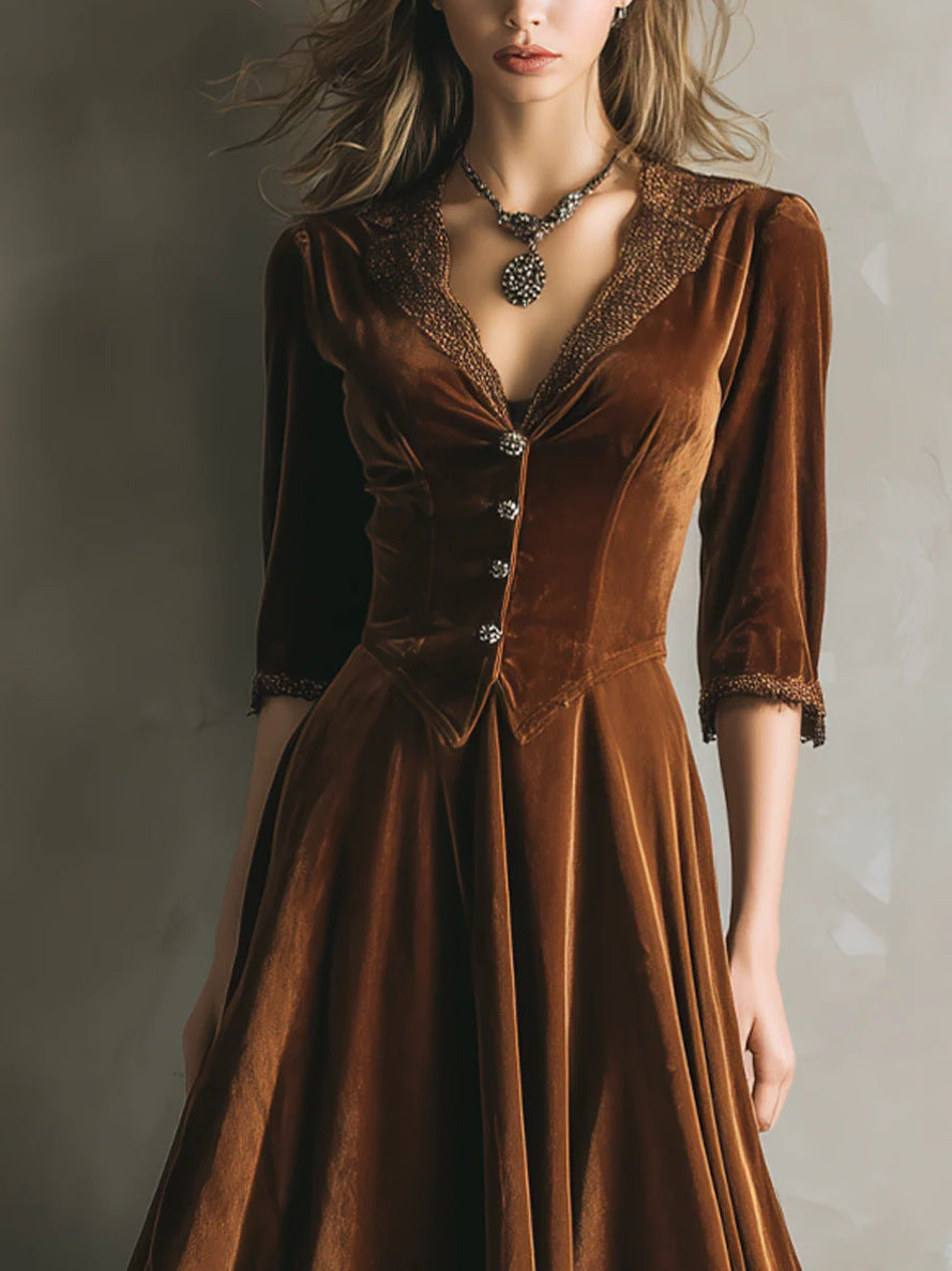 Vintage Western Style Velvet Lace Waist-Cinching Flare Midi Dress | Retro Elegant Slimming Dress