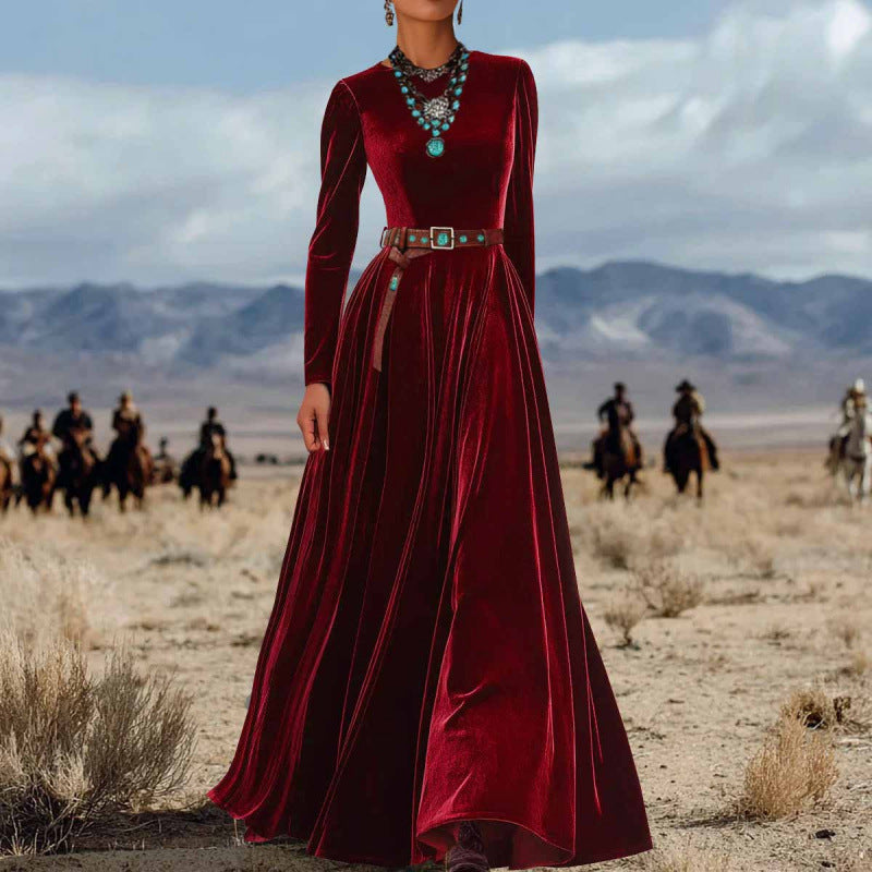 American Western Style Velvet Waist-Cinching Flare Maxi Dress