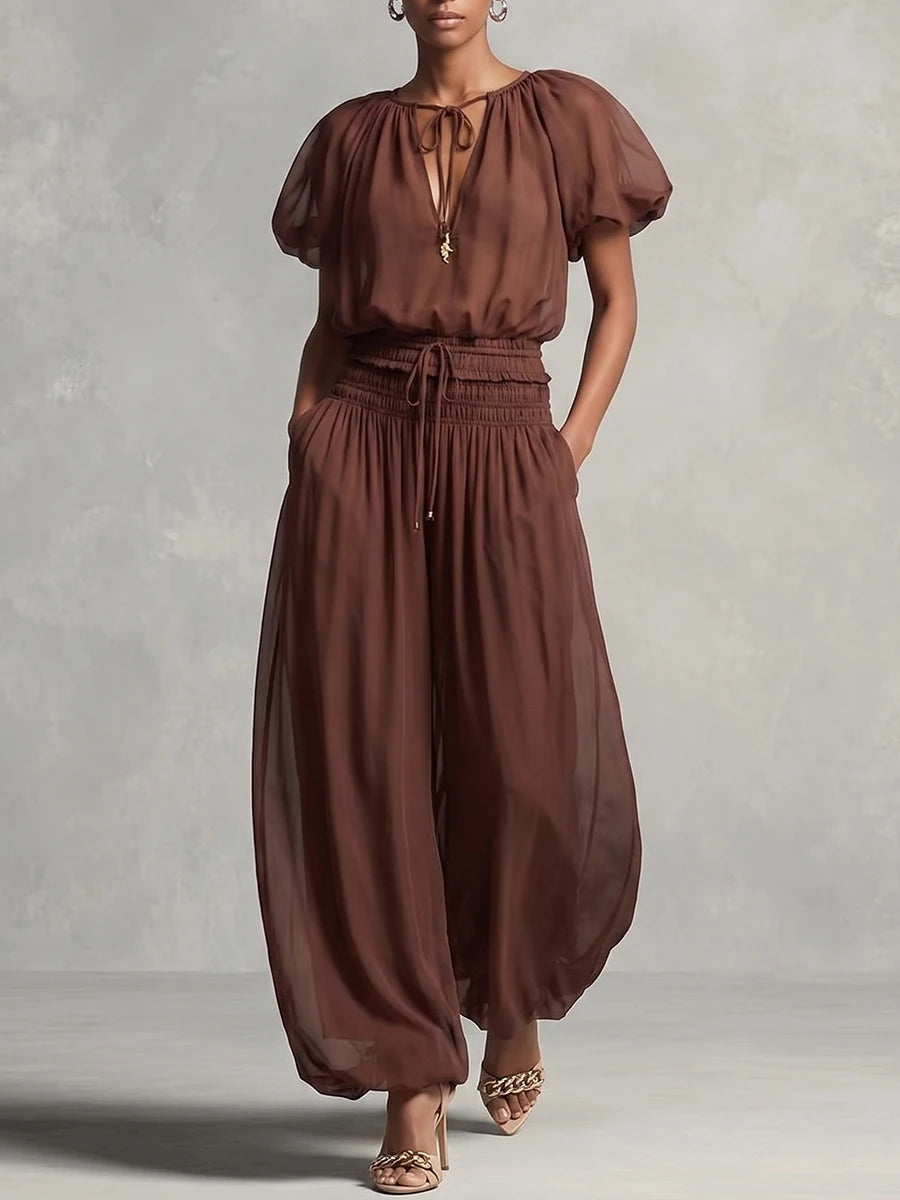 Dark Brown Chiffon Puff Sleeve Tie Waist Wide Leg Jumpsuit