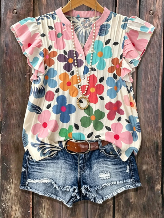 Beige Colorful Large Floral Print Pink V Neck Ruffle Flutter Sleeve Pleated Casual Blouse