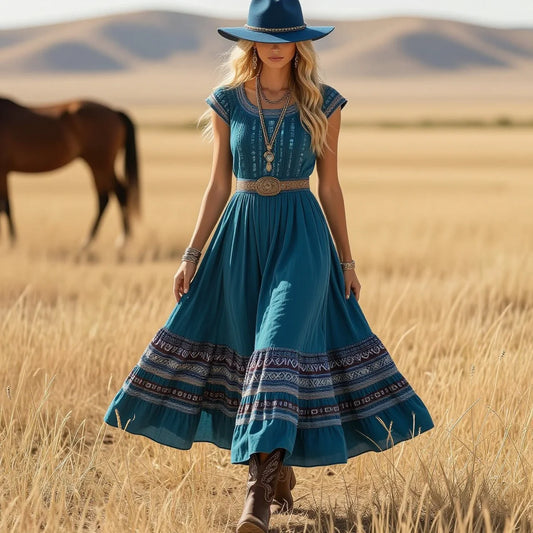 Square Neck Short Sleeve Ethnic Panel Waist Boho Maxi Dress