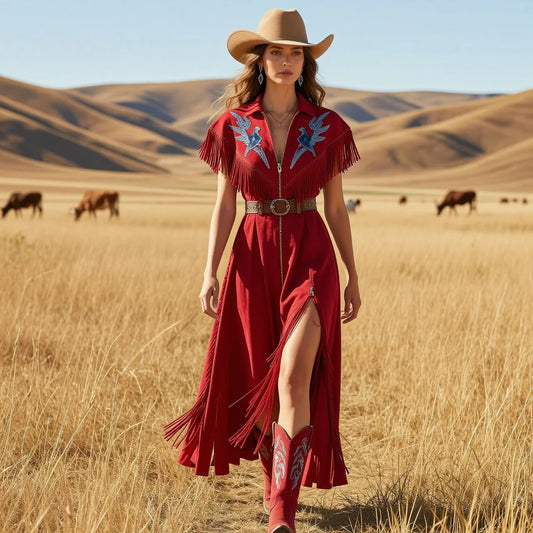 Burgundy Bird Embroidery Fringe Belted Slit Maxi Dress(pre order)