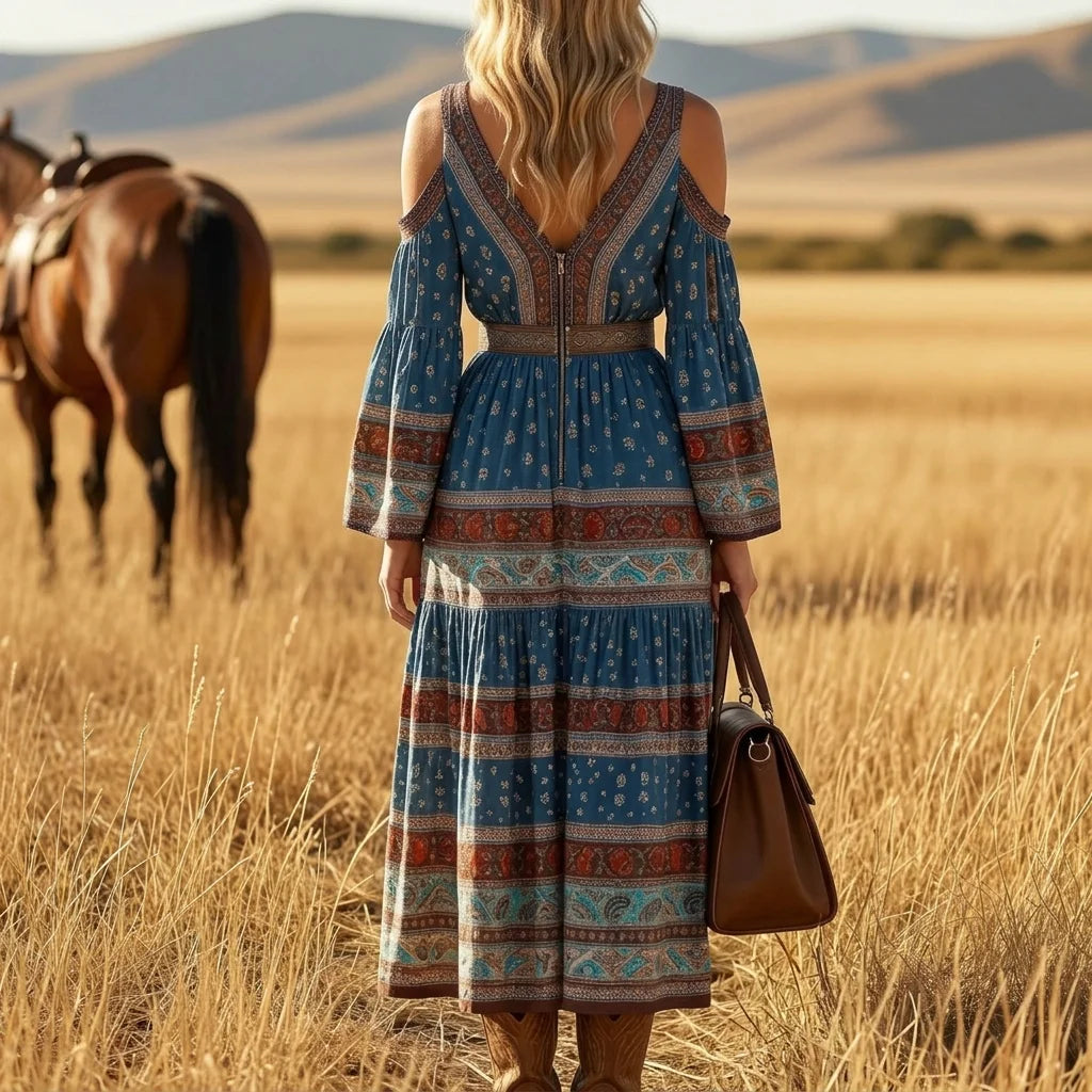 Ethnic Print Off Shoulder Bell Sleeve V Neck Waist Cinched Boho Maxi Dress