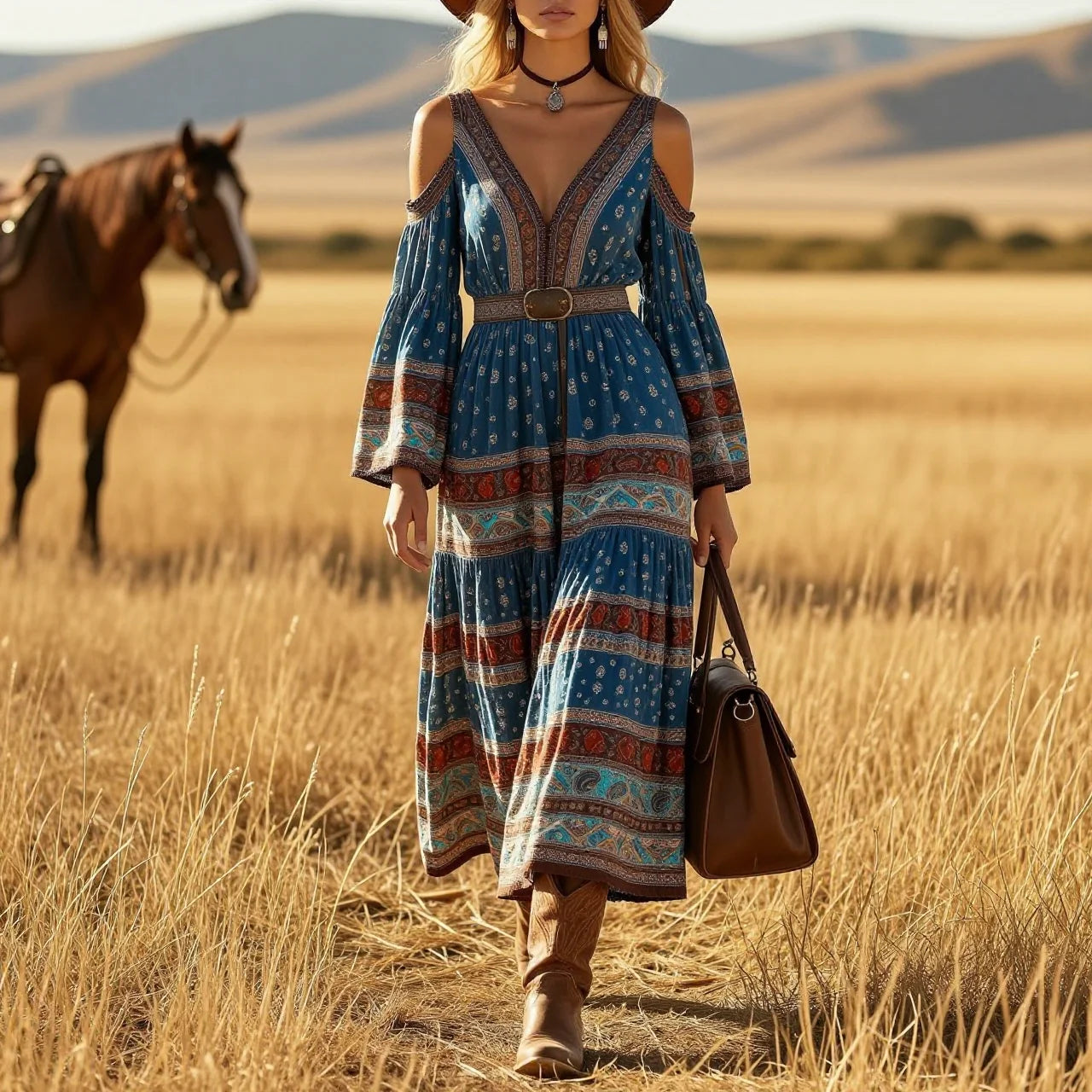 Ethnic Print Off Shoulder Bell Sleeve V Neck Waist Cinched Boho Maxi Dress