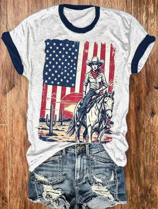 Heather Grey Navy Trim American Flag Cowgirl Riding Horse Western Desert Print Short Sleeve Ringer Tee