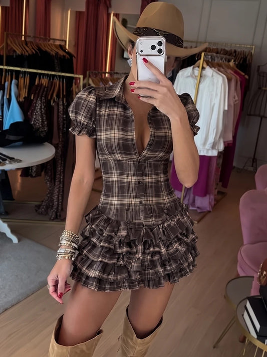 Collared Puff Sleeve Plaid Tiered Ruffle Mini Dress