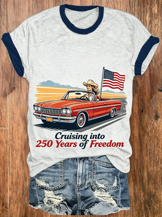 Heather Grey Navy Trim Cowgirl Red Convertible American Flag 250 Years of Freedom Print Short Sleeve Ringer Tee