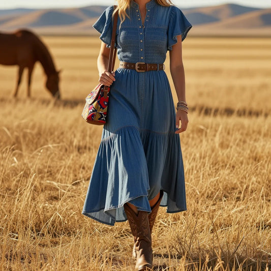 Stand Collar Button Flutter Sleeve Waist Irregular Hem Denim Midi Dress