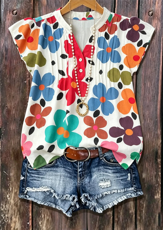White Base Colorful Floral Print Henley Neck Pleated Cap Sleeve Blouse