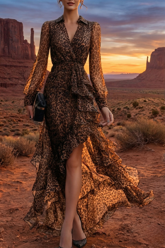 Asymmetrical Ruffle Leopard Maxi Dress