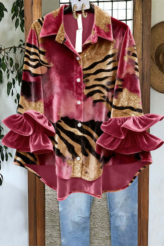 Classic Zebra-print Ruffled Velvet Blouse