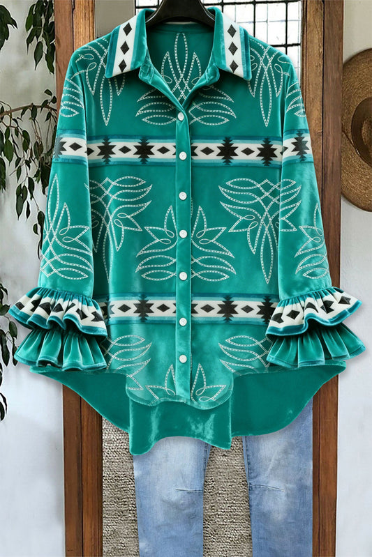 Western Boot Stitch Aztec Ruffled Velvet Blouse