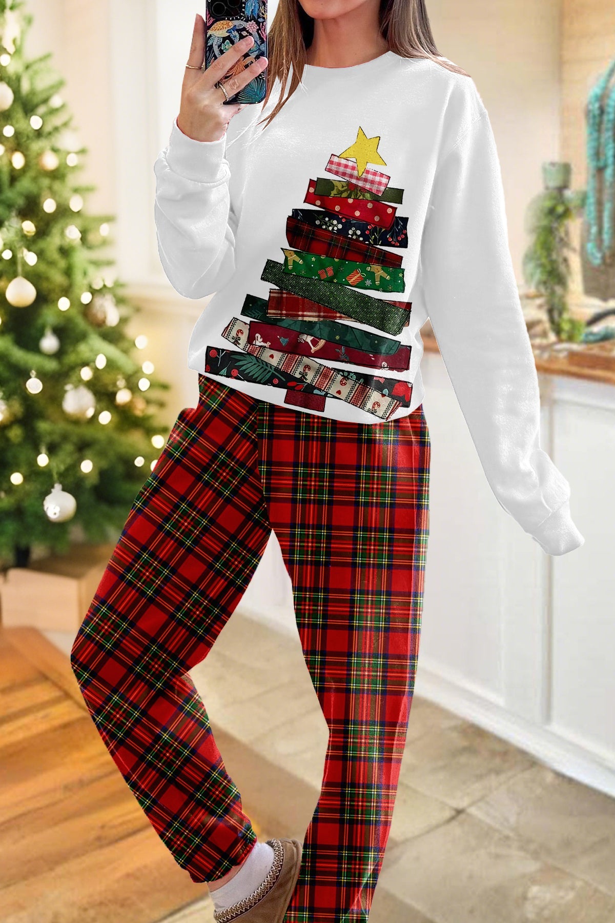 Christmas Tree Pattern Print Top and Pants Two-Piece Set