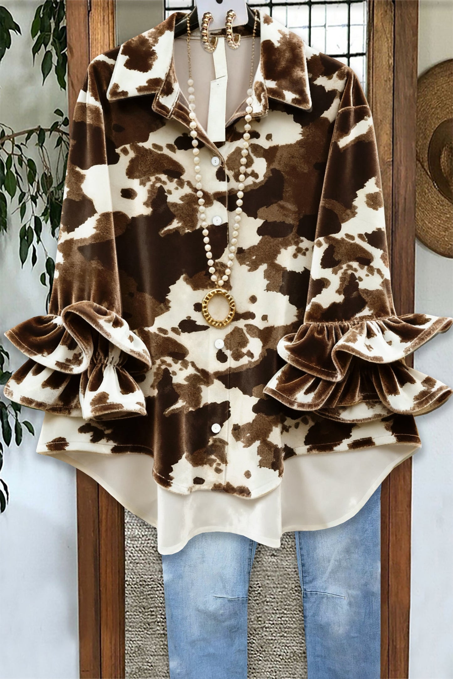Classic Cow Print Ruffled Velvet Blouse