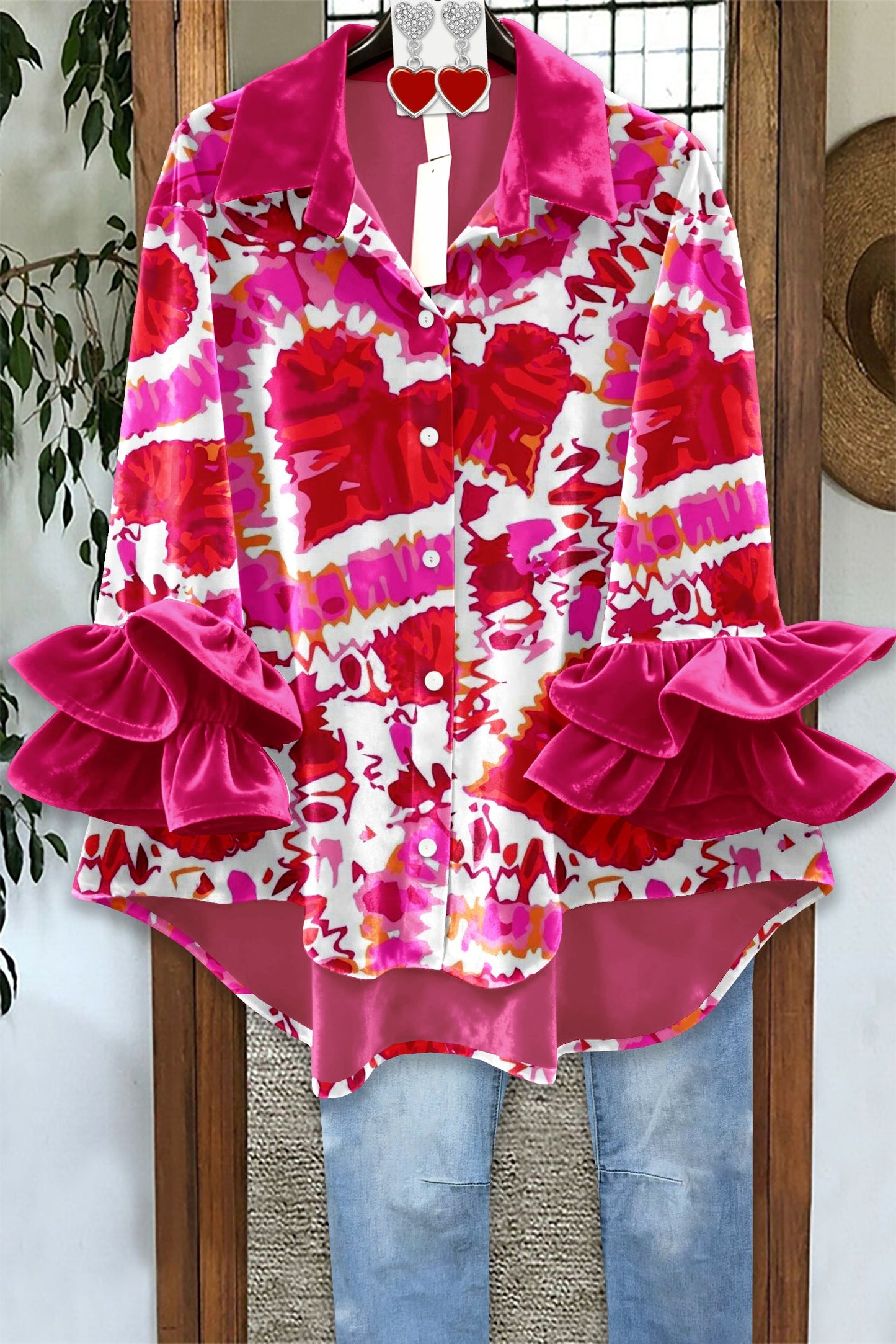 Valentine's Day Heart Ruffled Velvet Blouse