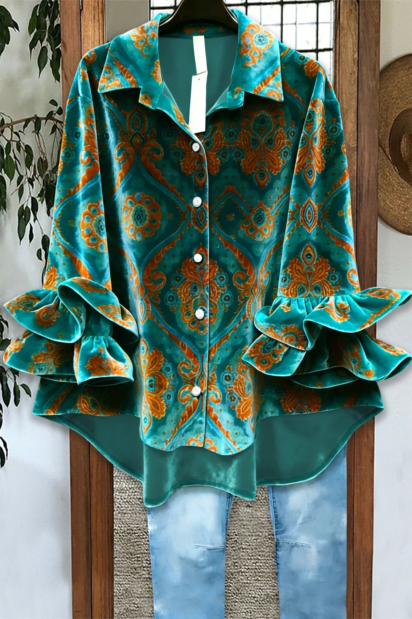Vintage Print Ruffle Velvet Blouses