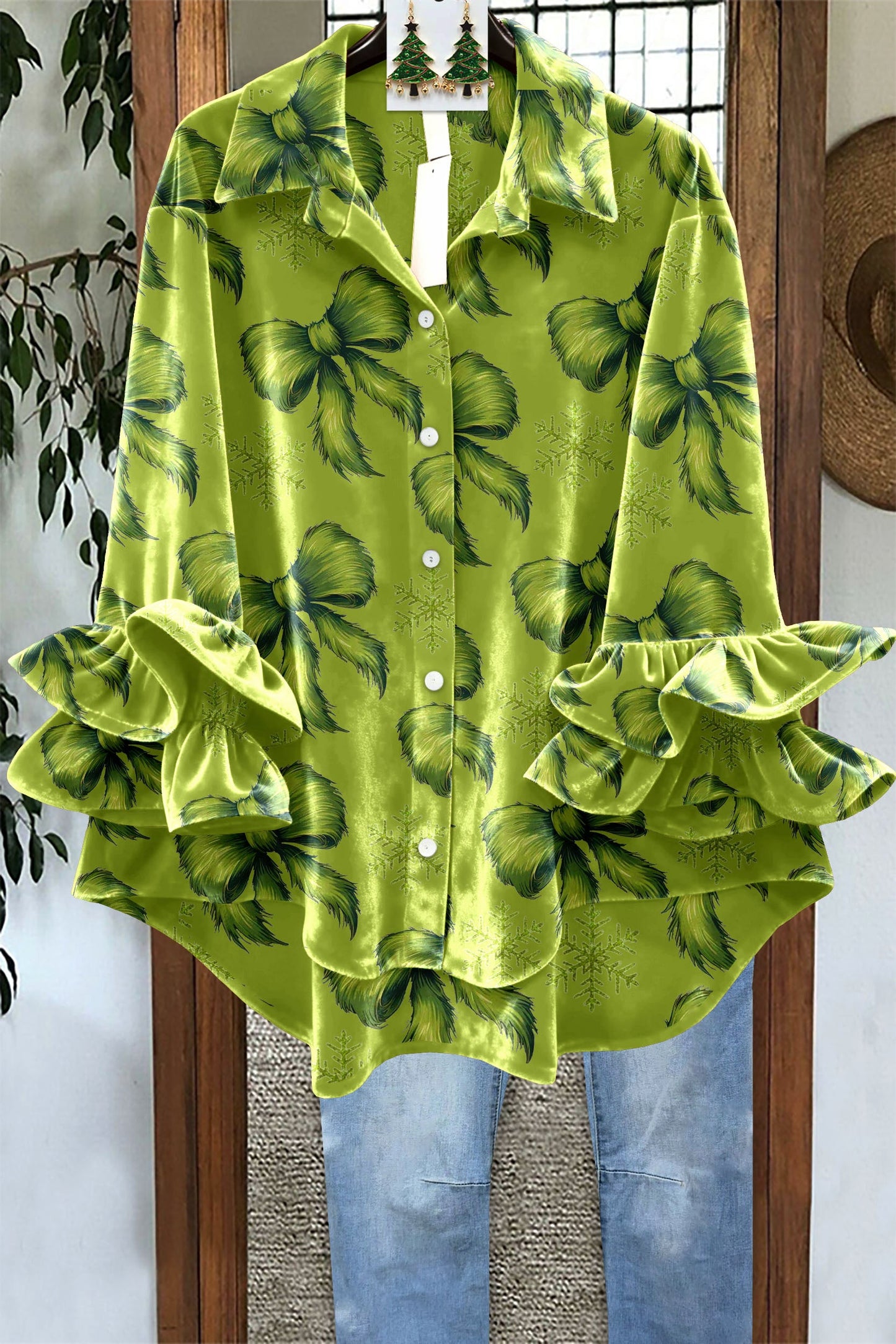 Christmas Retro Velvet Bow Ruffle Sleeve Top