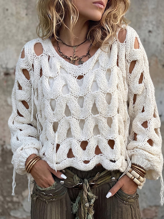 White Cold-Shoulder Open-Knit Sweater