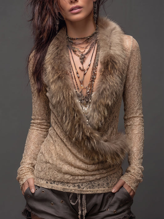 Beige Lace And Faux Fur Trim Long Sleeve Top