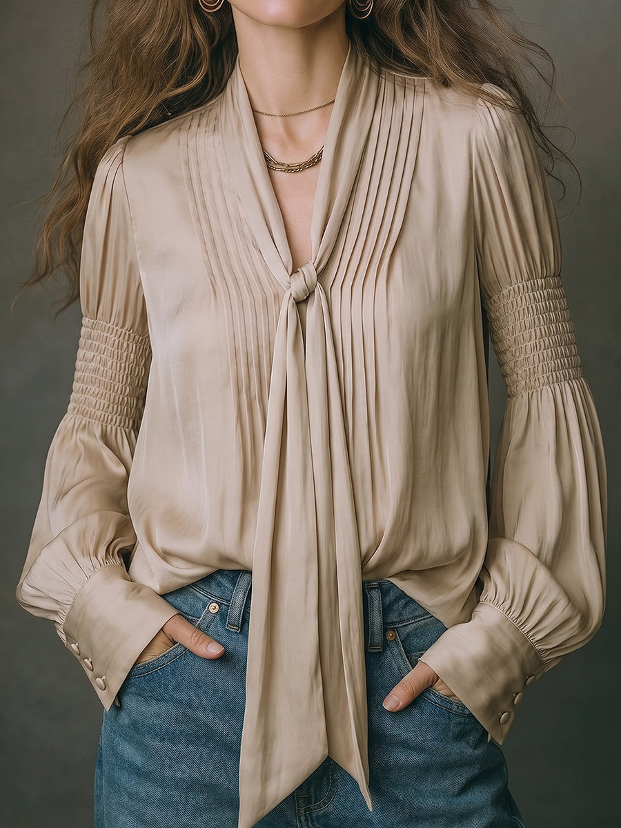 Beige Pleated Smocked Sleeve Bow Blouse