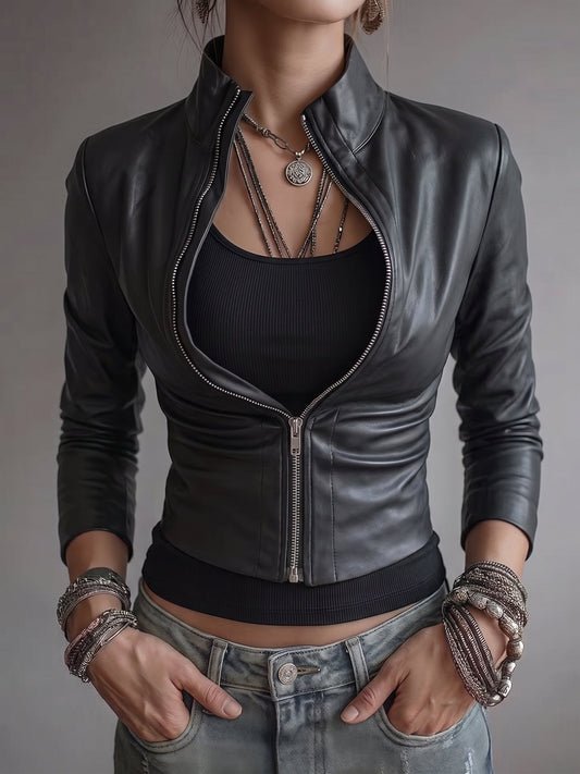 Black Zip-Up Fitted Leather Jacket