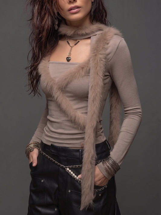Taupe Faux Fur Wrap Long Sleeve Top
