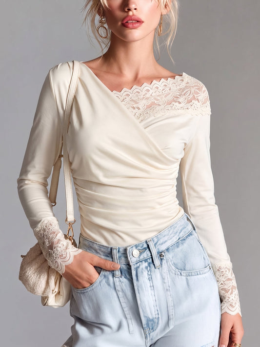 Cream Lace Panel Draped Top