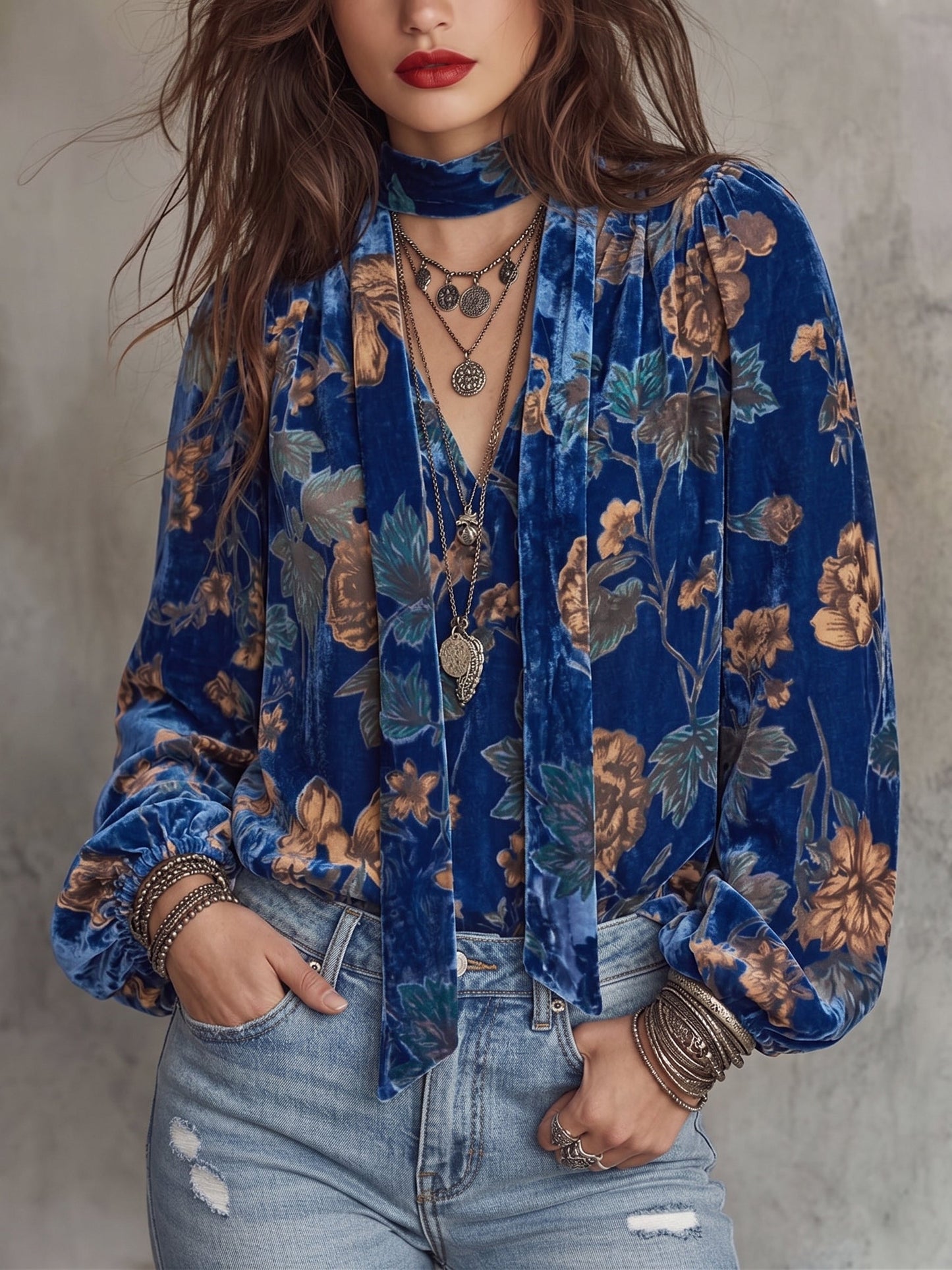 Blue Floral Velvet Bow Blouse