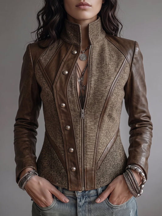Brown Paneled Leather Tweed Jacket