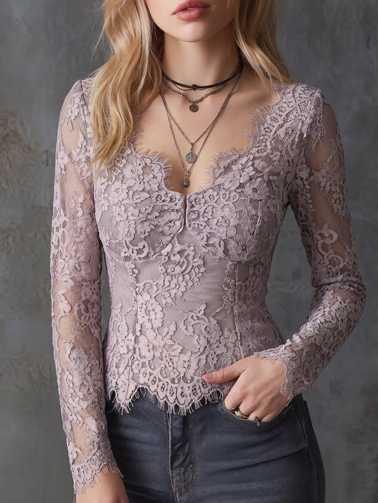 Dusty Lilac Floral Lace Long Sleeve Top