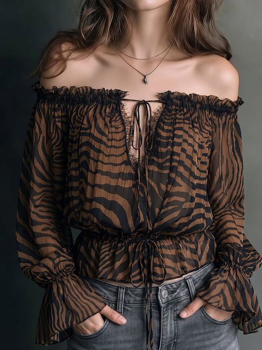 Brown Zebra Print Sheer Lace-Up Blouse