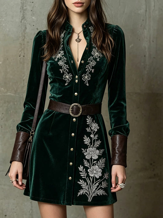 Emerald Velvet Embroidered Shirt Dress