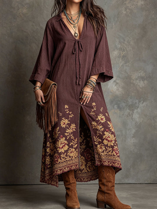 Brown Floral Embroidered Kaftan Maxi Dress