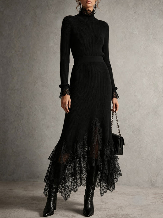 Black Lace Trim Turtleneck Knit Dress