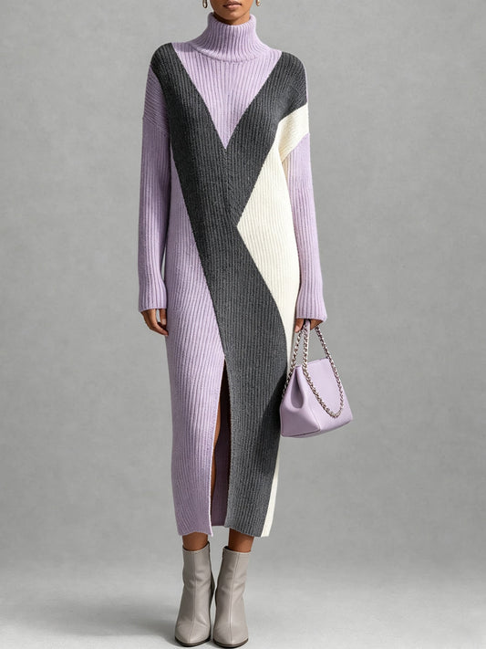 Lavender Grey Color Block Turtleneck Maxi Dress
