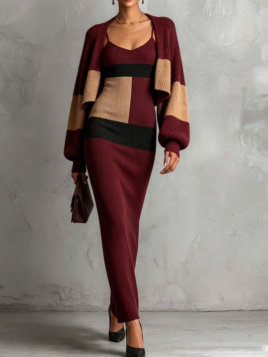 Burgundy Tan Cardigan Skirt Set