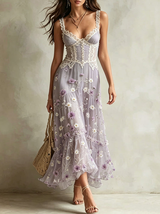 Lavender Floral Lace Corset Maxi Dress