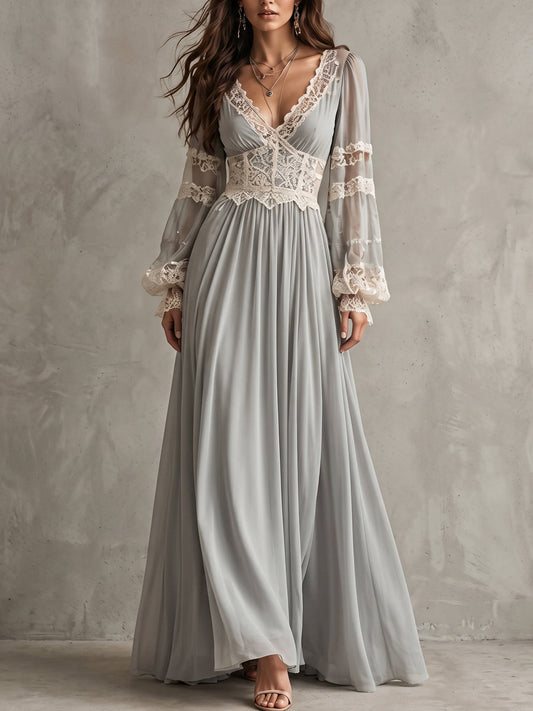 Blue Grey Lace Corset Maxi Dress