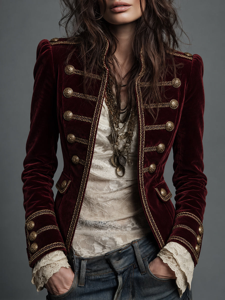 Burgundy Velvet Military Jacket